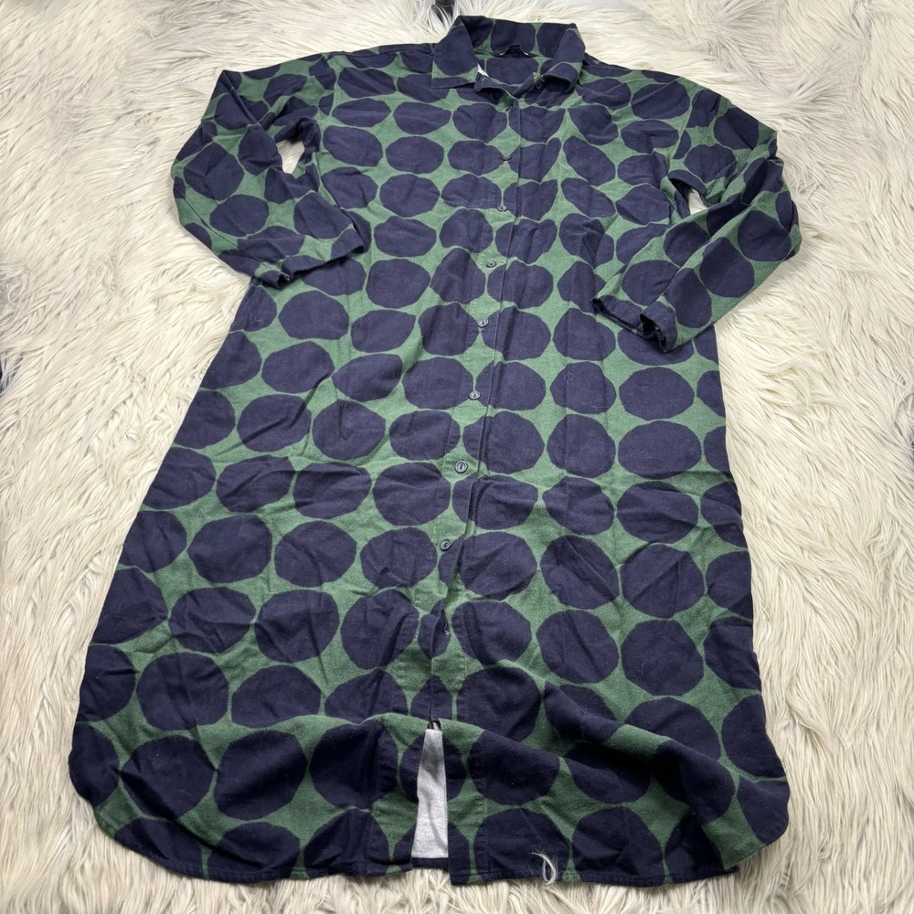 Uniqlo x Marimekko Women's S Green Blue Polka Dot Flannel Midi Shirt Dress